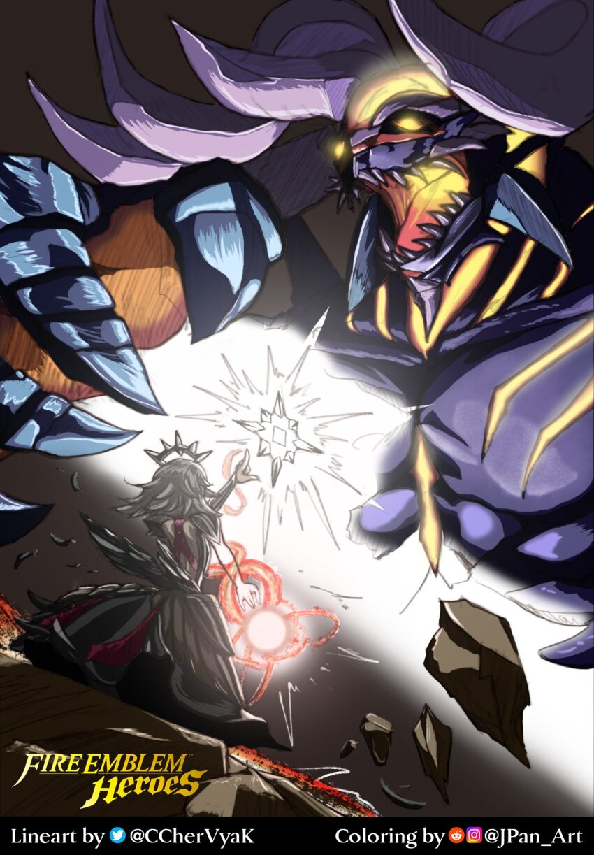 1girl artist_name back fire_emblem fire_emblem_heroes fomortiis_(fire_emblem) grey_hair highres magic monster nintendo official_alternate_hairstyle red_eyes short_hair tagme veronica_(fire_emblem)