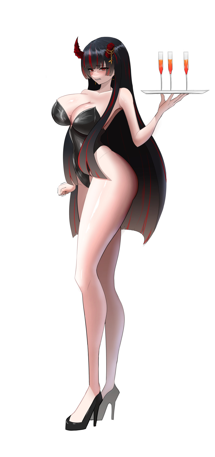 absurdres asymmetrical_horns black_hair bluejump breasts broken_horn broken_horns chain cross cross_earrings demon_horns earrings fangs frown highres holding holding_tray horns jegal_geumja jewelry large_breasts leotard long_hair mole mole_on_breast multicolored_hair playboy_bunny red_eyes red_hair shiny_skin slit_pupils tatsuto_(vhrd8737) tray trembling white_background