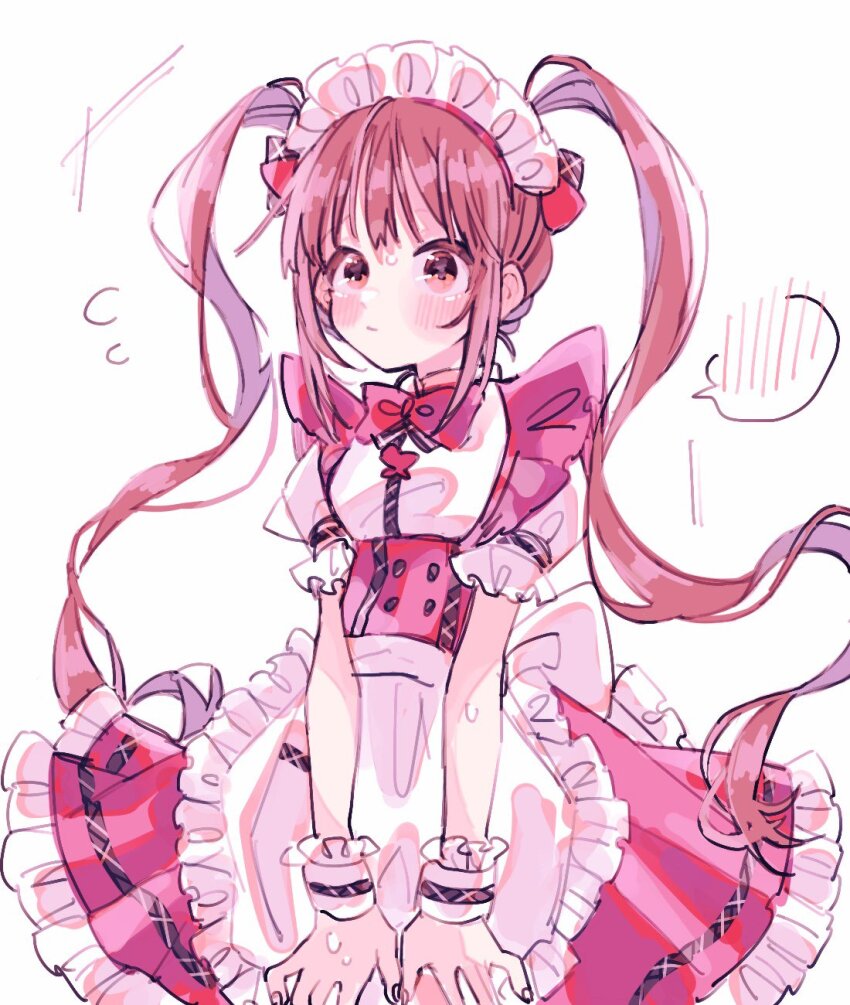 1girl apron atrdlll back_bow blush bow bowtie brown_hair dress flying_sweatdrops frilled_dress frilled_wrist_cuffs frills hair_ribbon highres idolmaster idolmaster_million_live! long_hair maid_headdress matsuda_arisa pink_bow pink_bowtie pink_dress pink_ribbon pretty_waitress_(idolmaster) ribbon shirt short_sleeves solo spoken_blush twintails upper_body waist_apron white_background white_shirt wrist_cuffs