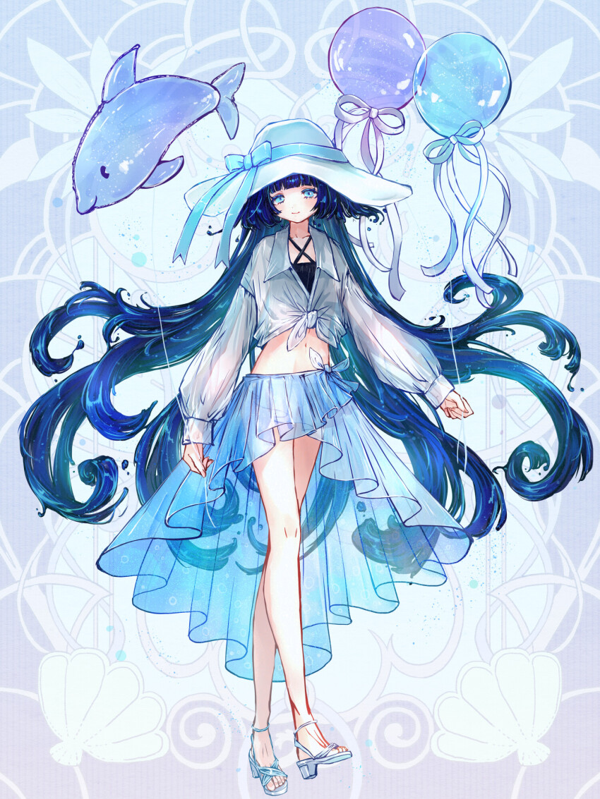 1girl balloon blue_background blue_bow blue_eyes blunt_bangs bow chain_paradox dolphin full_body hat hat_bow highres long_hair midriff sandals see-through_clothes see-through_skirt shirt skirt solo standing sun_hat tied_shirt very_long_hair watakushi_(tw) watatsumi_shizuku white_hat