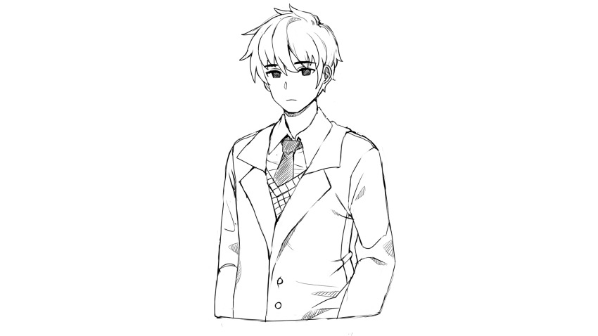 1boy arms_at_sides blazer buttons collared_shirt commentary concept_art cropped_torso doki_doki_literature_club doki_doki_literature_club doki_doki_literature_club_school_uniform dress_shirt english_commentary expressionless eyebrows_hidden_by_hair game_cg greyscale half-closed_eyes highres jacket light_frown lineart long_sleeves male_focus monochrome necktie non-web_source official_art parted_hair production_art protagonist_(doki_doki_literature_club) satchely school_uniform shirt short_hair sidelocks simple_background sketch solo spoilers straight-on sweater_vest swept_bangs thick_eyelashes tsurime wavy_hair white_background wing_collar