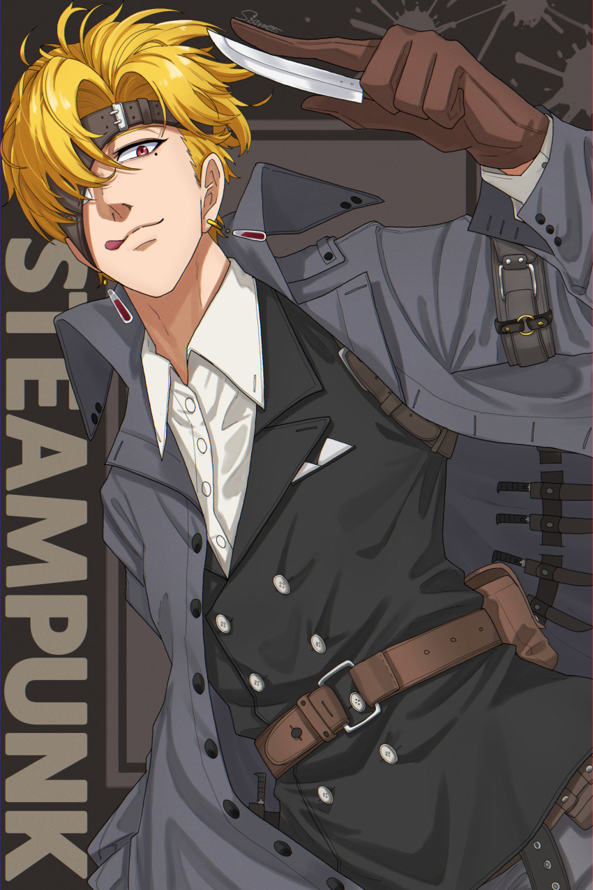 1boy absurdres arm_belt belt belt_pouch black_vest blonde_hair brown_gloves earrings eyepatch gloves grey_background grey_jacket highres holding holding_knife jacket jewelry knife licking_lips long_sleeves male_focus mole mole_under_eye pouch red_eyes rip_(undead_unluck) sheath sheathed shishiruto short_hair throwing_knife tongue tongue_out undead_unluck vest weapon