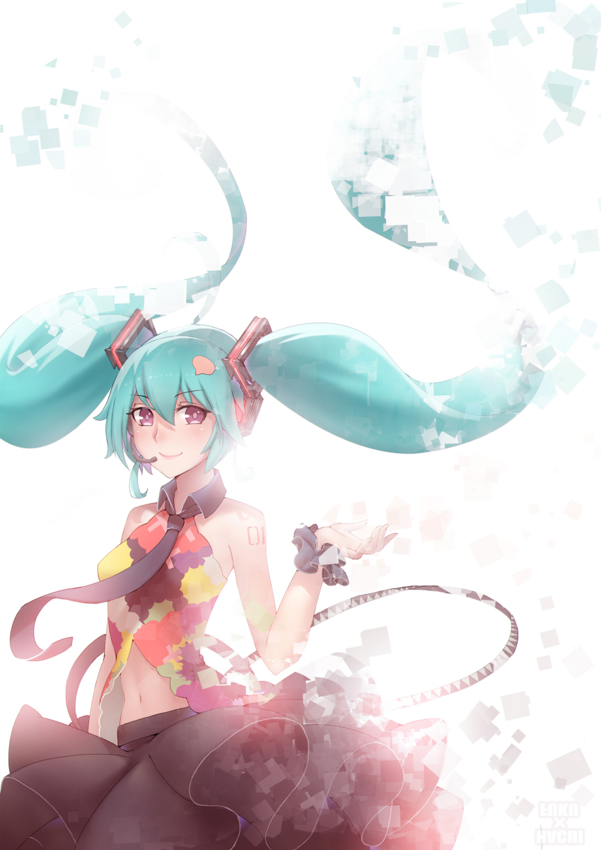 1girl aqua_hair female_focus hachifuku halterneck hatsune_miku headset highres long_hair midriff navel necktie pleated_skirt purple_eyes scrunchie skirt smile solo tattoo tell_your_world_(vocaloid) twintails upper_body very_long_hair vocaloid watermark