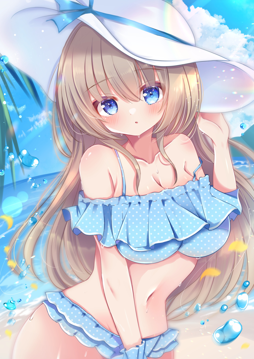 1girl 9-nine- absurdres alternate_costume armpit_crease bare_shoulders bikini blue_bikini blue_sky blush breasts brown_hair cleavage cloud commentary_request cowboy_shot eyes_visible_through_hair frilled_bikini frills hair_between_eyes hand_on_headwear hand_up hat heart heart-shaped_pupils highres kujou_miyako large_breasts long_hair looking_at_viewer navel nekota_min ocean off-shoulder_bikini off_shoulder open_mouth outdoors polka_dot polka_dot_bikini sidelocks sky solo spaghetti_strap strap_slip sun_hat sunlight swimsuit symbol-shaped_pupils very_long_hair water_drop wet white_hat