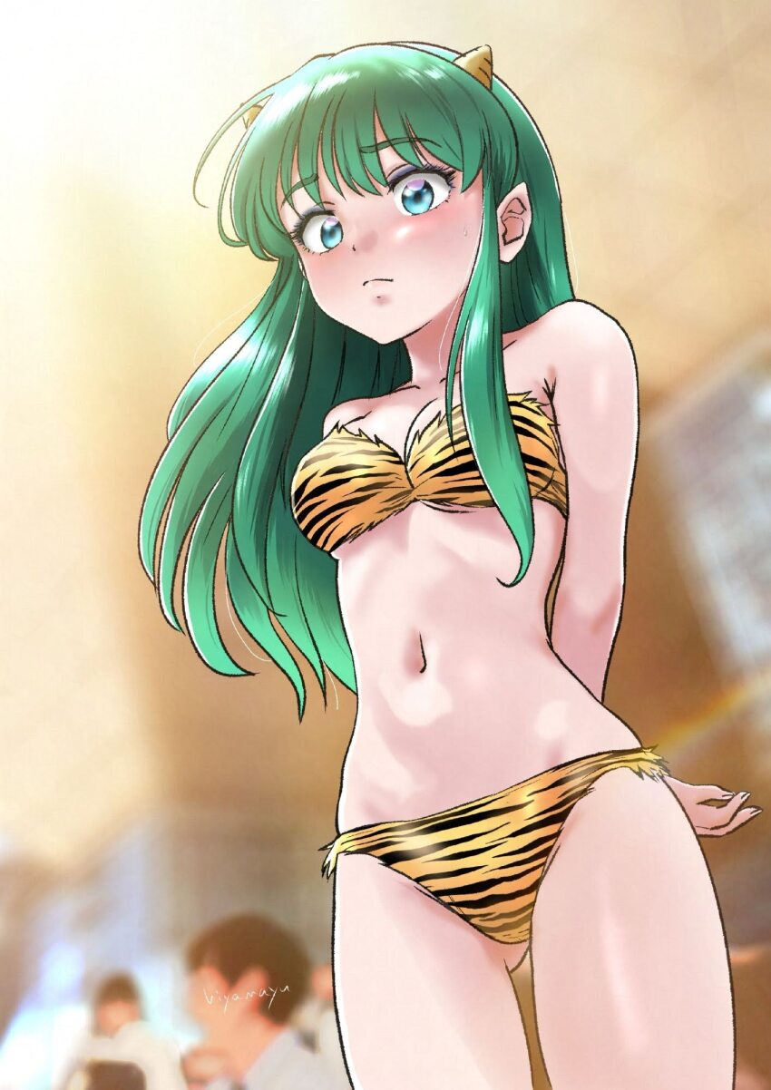 1girl animal_print arms_behind_back bikini blurry breasts collarbone depth_of_field gluteal_fold green_hair highres hiyama_yuu_(wee259hiyama) long_hair looking_at_viewer lum navel pointy_ears print_bikini sidelocks signature swimsuit tiger_print urusei_yatsura