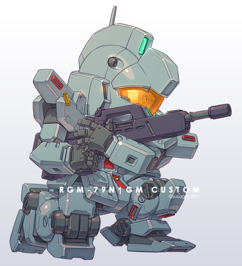 aiming assault_visor beam_rifle character_name chibi commentary dated_commentary energy_gun from_side gm_custom gun gundam gundam_0083 highres holding holding_gun holding_weapon mecha mecha_focus mobile_suit no_humans on_one_knee orange_visor radio_antenna robot science_fiction sd_gundam solo susagane twitter_username weapon