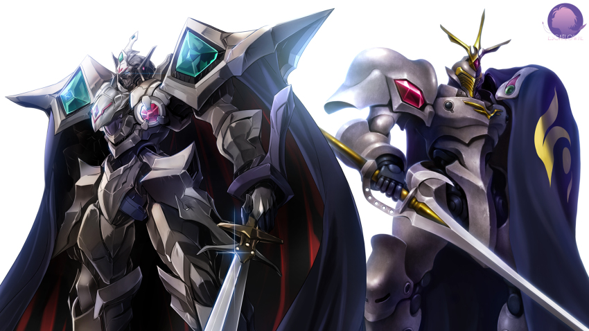 1990s_(style) backlighting cape copyright_name escaflowne highres mecha no_humans retro_artstyle robot scherazade simple_background sword taedu tenkuu_no_escaflowne weapon white_background