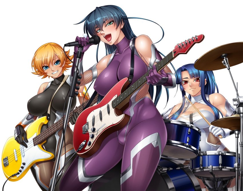 00s 3girls album_cover aqua_eyes band_(music) bare_shoulders bass_guitar black_hair blonde_hair blue_eyes blue_hair blush bodysuit breasts cleavage cleavage_cutout clenched_teeth clothing_cutout cover drum drum_set drumsticks electric_guitar female_focus fishnets grin guitar highres igawa_asagi igawa_sakura instrument kagami_hirotaka large_breasts leotard long_hair looking_at_viewer microphone multiple_girls music open_mouth plectrum ponytail red_hair round_teeth shiny_skin short_hair sidelocks singing sitting skin_tight sleeveless sleeveless_bodysuit sleeveless_turtleneck smile source_request stage stage_lights standing taimanin_(series) taimanin_asagi team teeth turtleneck yatsu_murasaki