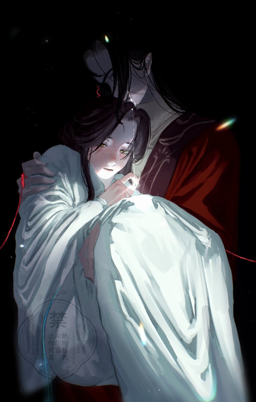2boys black_background black_hair brown_hair carrying chinese_clothes closed_mouth crying curtained_hair darkness expressionless eyepatch facing_viewer glint glowing glowing_tears hair_behind_ear hair_over_one_eye half-closed_eyes hanfu head_on_another&#039;s_chest highres holding holding_jewelry holding_ring hua_cheng implied_yaoi jewelry lens_flare light_particles long_sidelocks looking_at_object male_focus mandarin_collar multiple_boys nuzzle parted_bangs parted_lips princess_carry red_hanfu ring sad shade sidelocks simple_background spica_lili straight_hair streaming_tears string string_around_finger string_of_fate symbolism tears tianguan_cifu white_hanfu xie_lian yellow_eyes