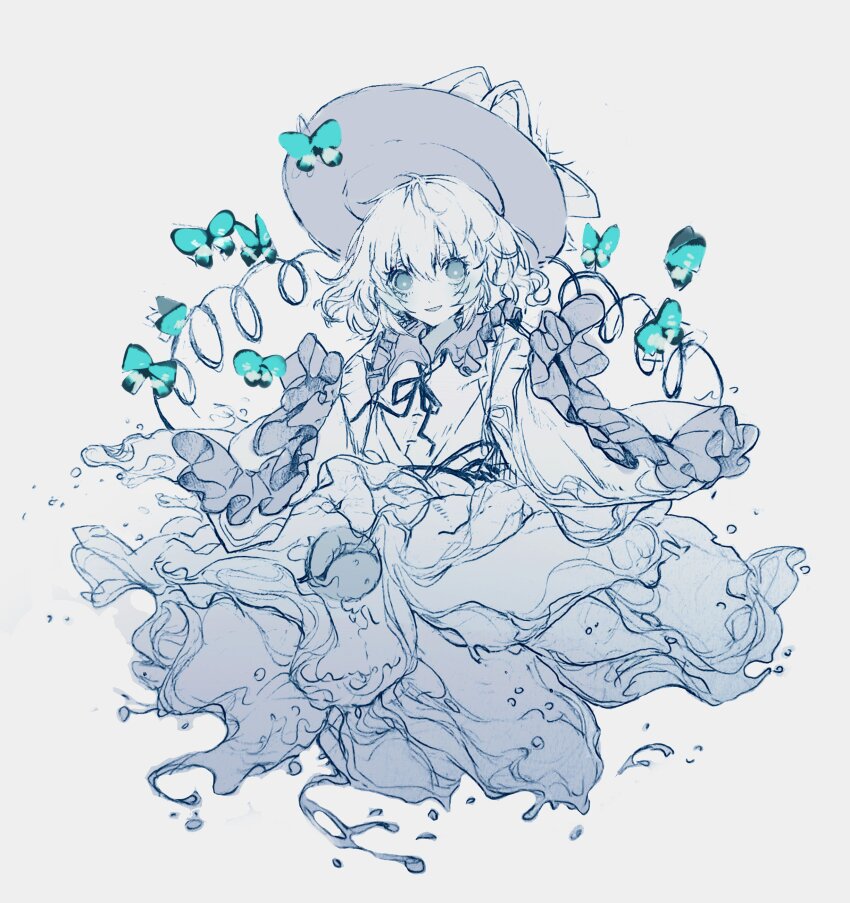 1girl absurdres black_hat blouse bow bug butterfly buttons diamond_button eyeball frilled_shirt_collar frilled_sleeves frills hat hat_bow hat_ribbon heart heart_of_string highres insect komeiji_koishi limited_palette open_mouth ribbon shirt solo third_eye touhou traditional_media white_background wide_sleeves zhixie_jiaobu