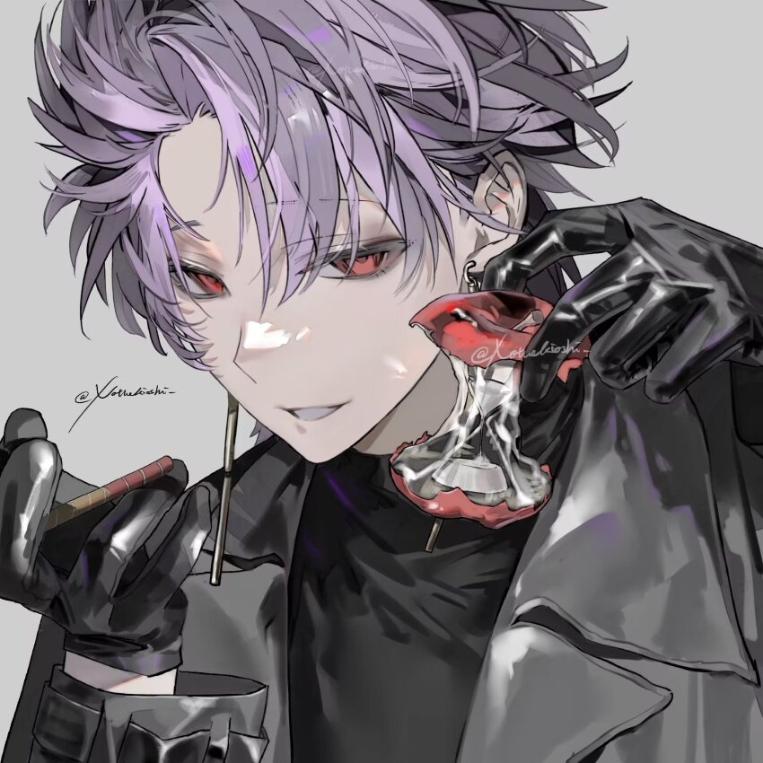 1boy apple apple_core black_gloves black_jacket black_shirt cigarette earrings food fruit gloves grey_background highres holding holding_cigarette hourglass jacket jewelry kiyoshi_st leather leather_gloves long_sleeves male_focus open_clothes open_jacket purple_hair red_eyes saibou_shinkyoku shirt short_hair simple_background smile solo theodore_riddle twitter_username