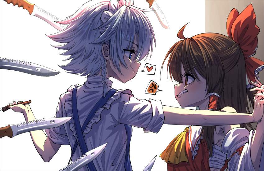 2girls against_wall anger_vein ascot blue_eyes bow braid brown_hair chest_sarashi clenched_teeth closed_mouth commentary detached_sleeves eye_contact frilled_bow frilled_hair_tubes frills grey_hair hair_bow hair_tubes hakurei_reimu heart highres holding holding_hands holding_knife interlocked_fingers izayoi_sakuya knife long_hair looking_at_another maid_headdress multiple_girls red_bow ribbon-trimmed_sleeves ribbon_trim sarashi sideways_mouth smile spoken_anger_vein spoken_heart suteruko teeth touhou yellow_ascot yuri