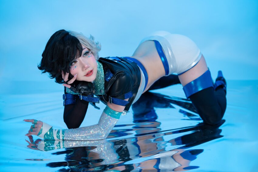 1girl 2025 all_fours asian asymmetrical_gloves belt black_boots black_gloves black_hair black_jacket blue_eyes blue_eyeshadow blue_nails boots border breasts choker cleavage collarbone cosplay cosplay_photo crop_top cropped_jacket danisaurz earrings elbow_rest eyeshadow female_focus fingerless_gloves full_body gloves grin hair_between_eyes hand_on_own_cheek hand_on_own_face heterochromia highres jacket jewelry large_breasts looking_at_viewer looking_to_the_side luna_snow luna_snow_(cosplay) marvel marvel_rivals midriff mismatched_gloves multicolored_hair multiple_rings navel open_clothes open_jacket parted_hair parted_lips partially_fingerless_gloves photo_(medium) purple_eyes real_life red_lips reflection reflective_water ring short_hair short_shorts shorts sidelocks skindentation smile solo split-color_hair thick_lips thigh_boots two-tone_hair wedge_heels white_belt white_border white_choker white_eyeshadow white_gloves white_hair white_shorts