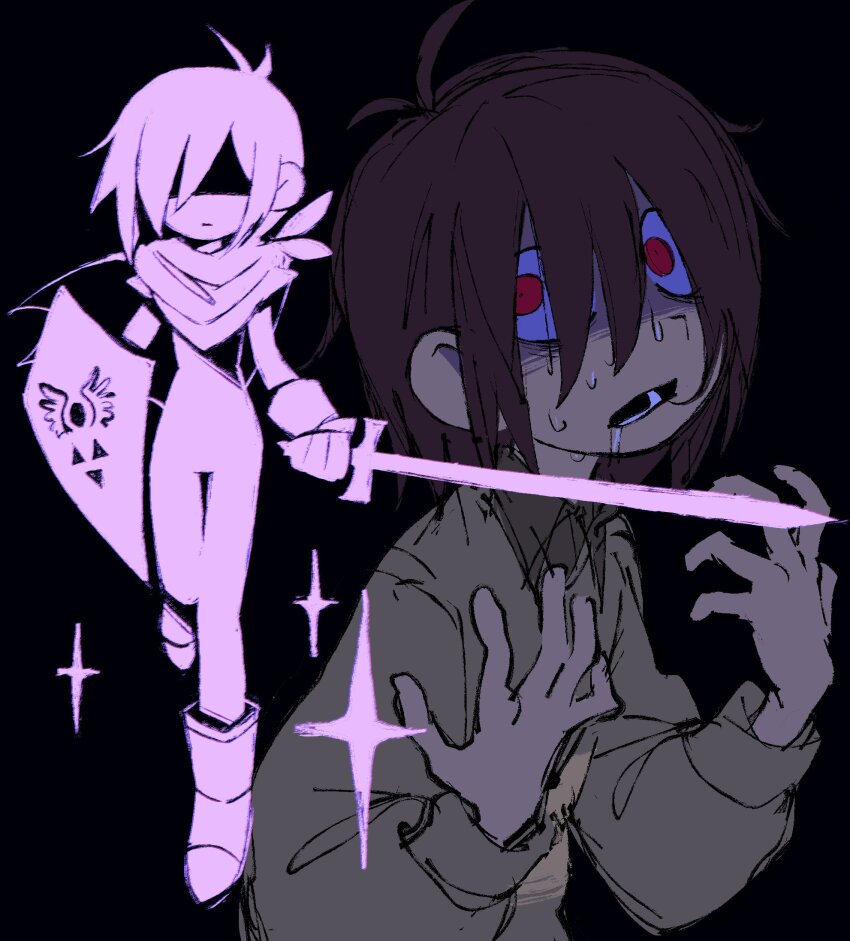 1other baesongwanryo black_background blade_to_throat brown_hair commentary_request deltarune green_shirt highres holding holding_shield holding_sword holding_weapon korean_commentary kris_(dark_world)_(deltarune) kris_(deltarune) long_sleeves looking_at_viewer multiple_views open_mouth other_focus red_eyes saliva shield shirt short_hair sweat sword weapon
