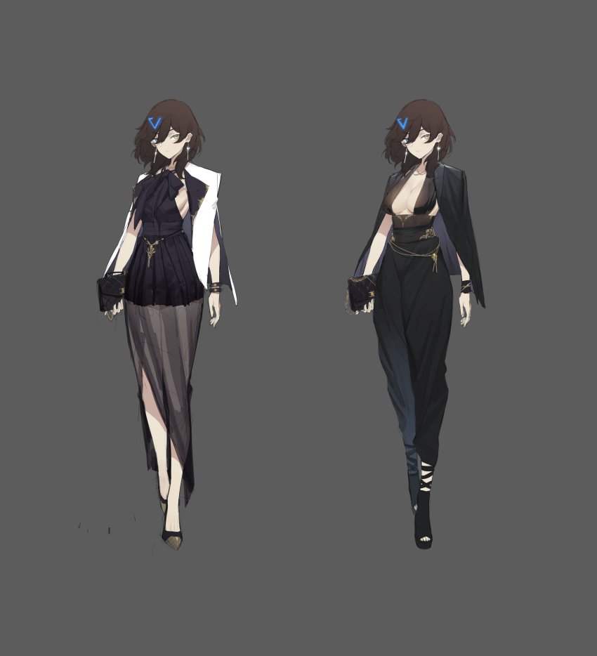 1girl absurdres azur_lane bag black_dress black_jacket blue_eyes breasts center_opening dress earrings evening_gown gebijiade_89 georgia_(azur_lane) georgia_(south_town_pearl)_(azur_lane) grey_background hair_behind_ear hair_between_eyes halter_dress halterneck handbag heterochromia highres holding holding_bag jacket jacket_on_shoulders jewelry medium_breasts medium_hair multiple_views official_alternate_costume see-through_clothes sketch yellow_eyes