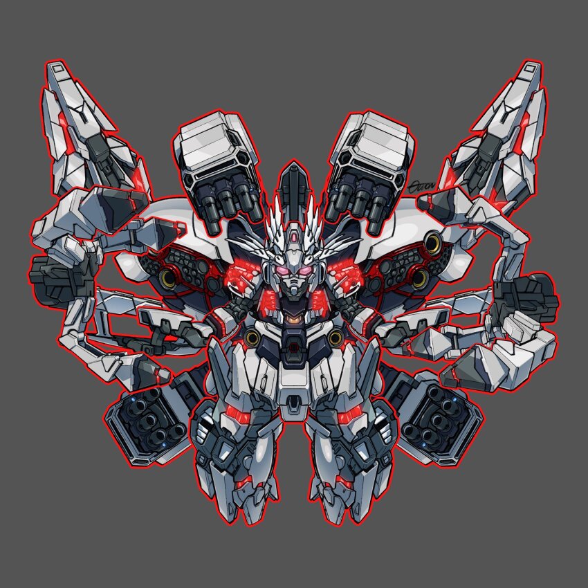chibi commentary english_commentary extra_arms fusion grey_background gundam gundam_narrative highres ii_neo_zeong looking_at_viewer mecha mecha_focus mobile_armor mobile_suit narrative_gundam nt-d outline pink_eyes red_outline robot science_fiction sd_gundam signature solo toilobo unicorn_gundam_phenex v-fin