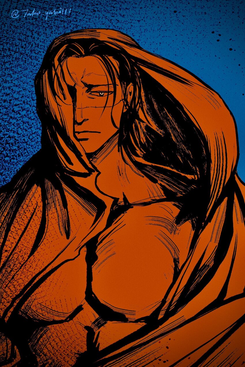 1boy bare_pectorals crocodile_(one_piece) expressionless highres hood hood_up large_pectorals looking_at_viewer male_focus muscular muscular_male no_nipples one_eye_covered one_piece pectorals red_theme short_hair solo tako_(tako_yaki111) upper_body