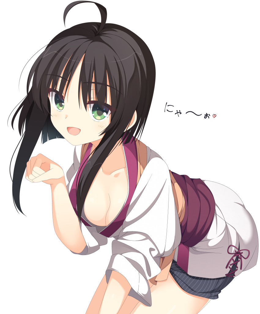 1girl :d absurdres ahoge black_hair black_shorts blunt_ends breasts cleavage collarbone commentary cowboy_shot eyes_visible_through_hair green_eyes hair_between_eyes hand_up happy heart highres hitachi_mako japanese_clothes kaon_zz kimono leaning_forward light_blush looking_at_viewer medium_breasts official_alternate_costume open_mouth paid_reward_available paw_pose senren_banka short_hair_with_long_locks shorts simple_background sleeves_rolled_up smile solo striped_clothes striped_shorts translated vertical-striped_clothes vertical-striped_shorts white_background white_kimono