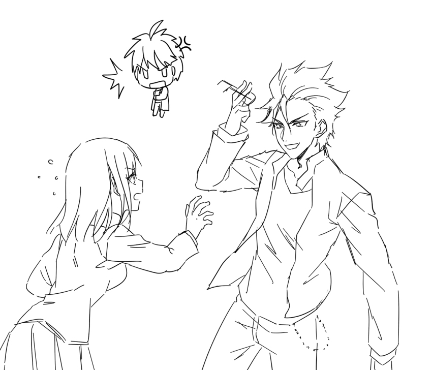 1girl 2boys anger_vein arthur_pendragon_(fate) breasts chain coat fate/prototype fate_(series) gilgamesh_(fate/prototype) glasses jacket monochrome multiple_boys open_mouth pants sajou_ayaka_(fate/prototype) short_hair skirt