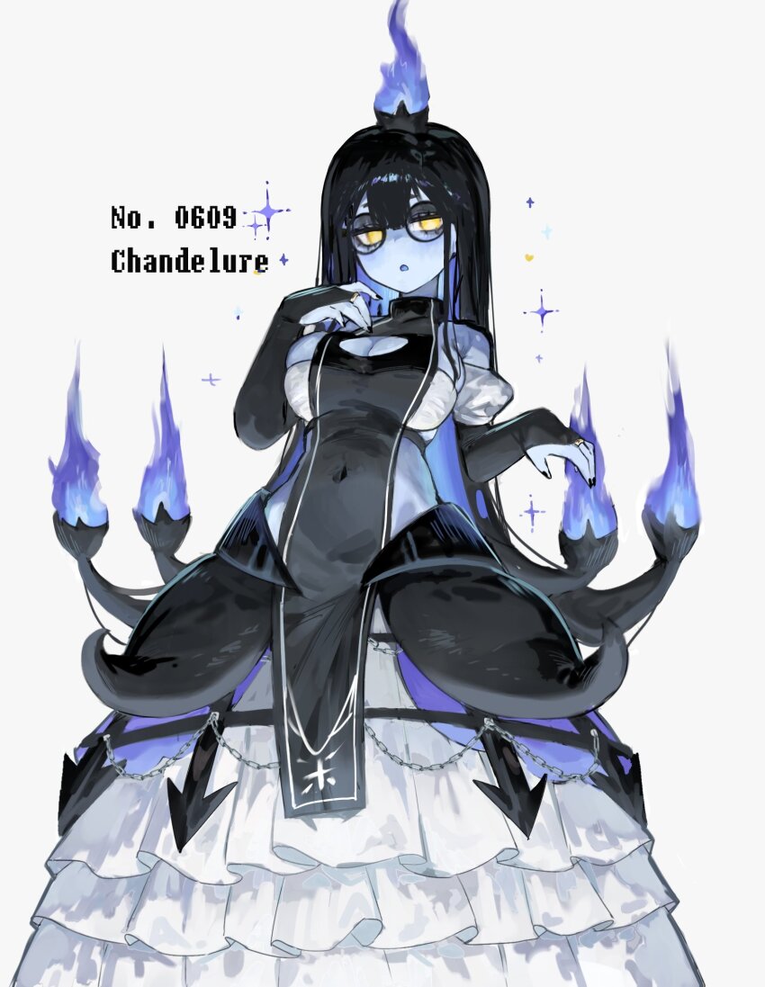 1girl :o black_bridal_gauntlets black_hair black_nails blue_fire blue_skin breasts bridal_gauntlets chandelure character_name cleavage_cutout clothing_cutout colored_skin colored_tongue covered_navel fire gen_5_pokemon glasses highres large_breasts long_hair looking_at_another nintendo personification pokedex_number pokemon round_eyewear simple_background solo togetoge white_background yellow_eyes