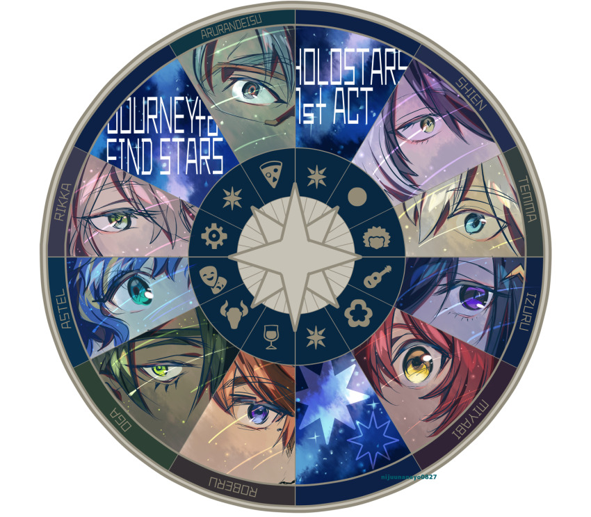 6+boys aqua_eyes aragami_oga arurandeisu astel_leda black_hair blonde_hair blue_eyes blue_hair character_name column_lineup copyright_name dark-skinned_male dark_skin eye_focus eyepatch glasses green_eyes grey_eyes grey_hair hair_between_eyes hair_ornament hairclip hanasaki_miyabi highres holostars kageyama_shien kanade_izuru kishido_temma lightning_bolt lightning_bolt_hair_ornament lightning_bolt_symbol looking_at_viewer looking_up male_focus meteor_shower mole mole_under_eye multicolored_hair multiple_boys ninahachi orange_hair pink_hair purple_eyes red_hair rikka_(holostars) round_image shooting_star sky split_crop star_(sky) star_(symbol) star_trail starry_sky streaked_hair two-tone_hair virtual_youtuber wavy_hair white_background white_hair yellow_eyes yukoku_roberu