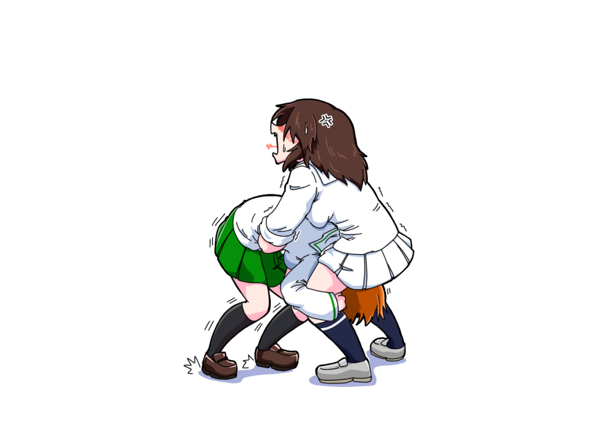2girls 7654_dog anger_vein black_hair black_socks blouse blue_socks brown_footwear brown_hair commentary girls_und_panzer green_skirt grey_footwear loafers long_hair long_sleeves miniskirt multiple_girls murakami_(girls_und_panzer) nishizumi_miho no_headwear ooarai_naval_school_uniform ooarai_school_uniform open_mouth pleated_skirt sailor school_uniform serafuku shadow shirt shoes short_hair single_horizontal_stripe skirt socks standing sweatdrop ten_musu_inu trembling white_shirt white_skirt wrestling