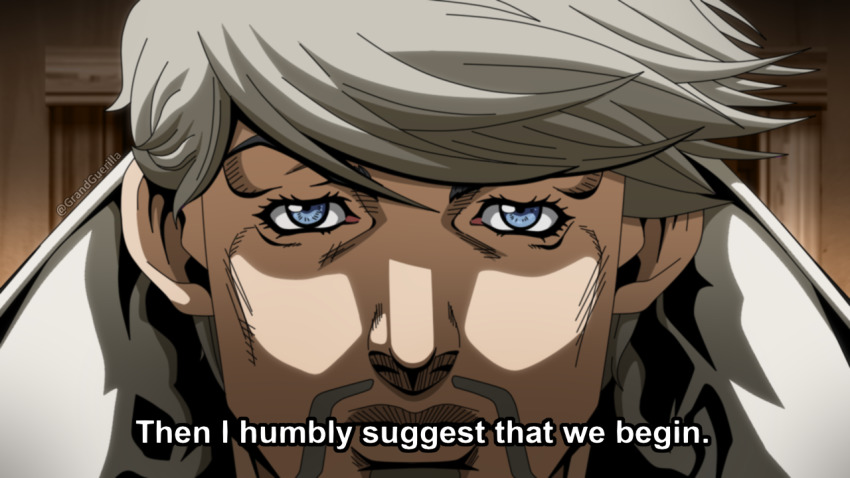 1boy araki_hirohiko_(style) blue_eyes closed_mouth facial_hair fake_screenshot goatee grandguerrilla grey_hair high_collar jojo_no_kimyou_na_bouken looking_at_viewer male_focus official_style portrait ringo_roadagain solo steel_ball_run subtitled twitter_username