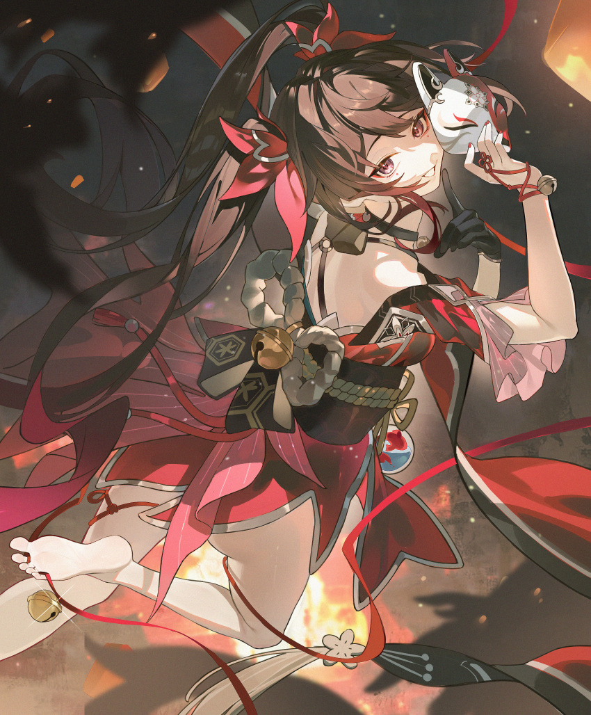 1girl absurdres bare_legs bare_shoulders barefoot black_hair black_sash commentary_request detached_sleeves dress fox_mask grin highres holding holding_mask honkai:_star_rail honkai_(series) kneeling long_hair looking_at_viewer lushi_jin_up mask obi pink_eyes red_dress sash short_sleeves smile solo sparkle_(honkai:_star_rail) very_long_hair