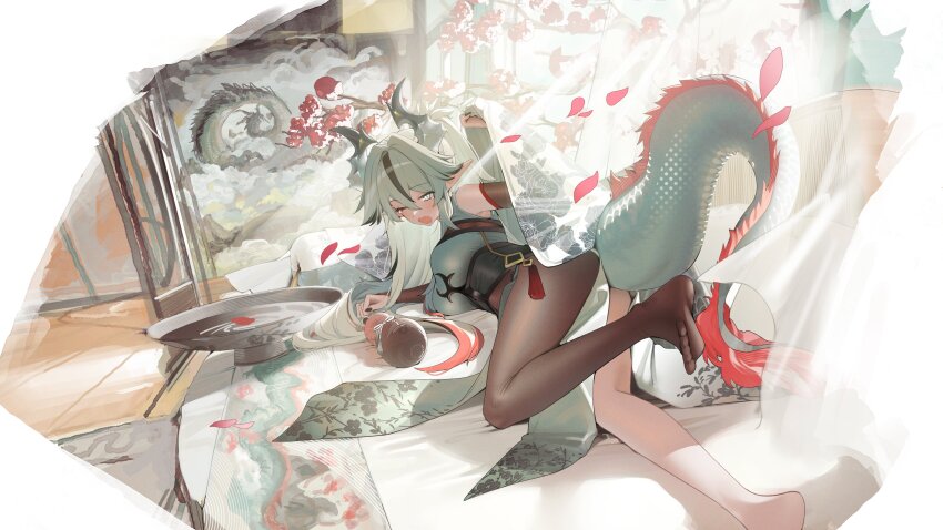 1girl absurdres alcohol black_hair black_pantyhose blush commentary_request commission cup dragon_tail dress falling_petals gourd grey_eyes grey_hair highres hiiragi_mikoto long_hair looking_at_viewer multicolored_hair one_eye_closed open_mouth original pantyhose petals sakazuki sake single_leg_pantyhose skeb_commission sleeveless sleeveless_dress solo streaked_hair tail tearing_up two-tone_hair white_dress yawning