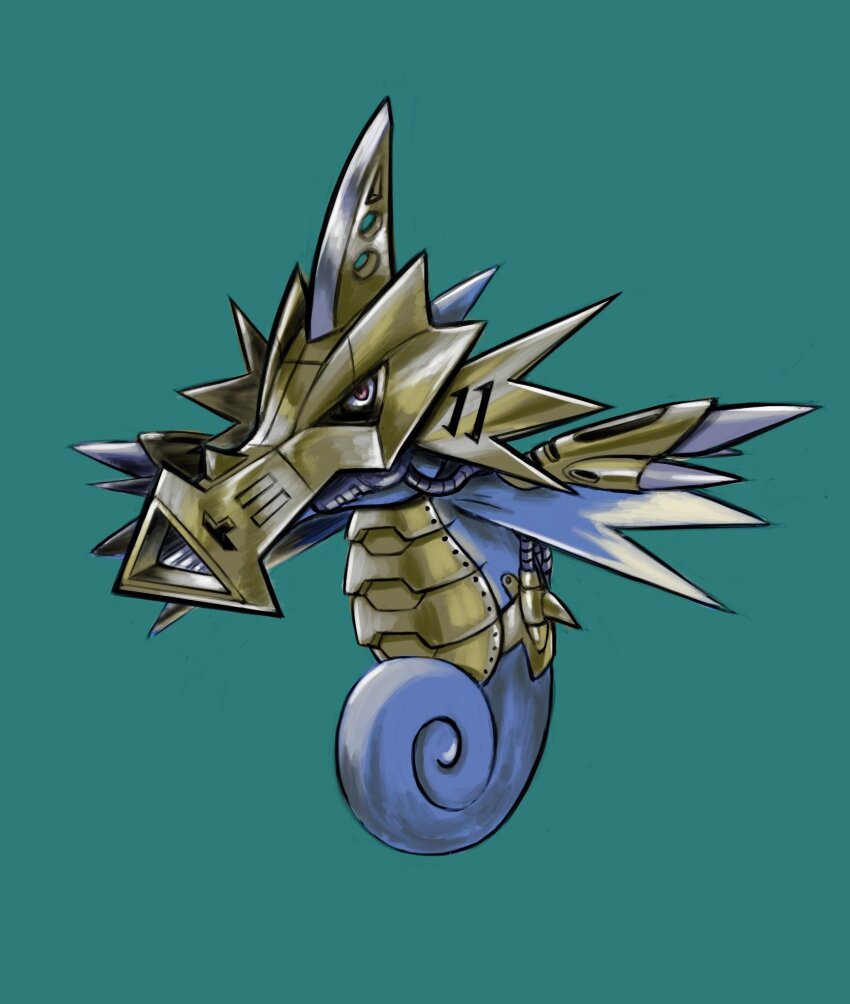armor blue_background blue_scales cosplay creatures_(company) digimon game_freak gen_1_pokemon gold_armor highres horns mas_square metalseadramon metalseadramon_(cosplay) name_connection nintendo no_humans pokemon pokemon_(creature) seadra simple_background single_horn