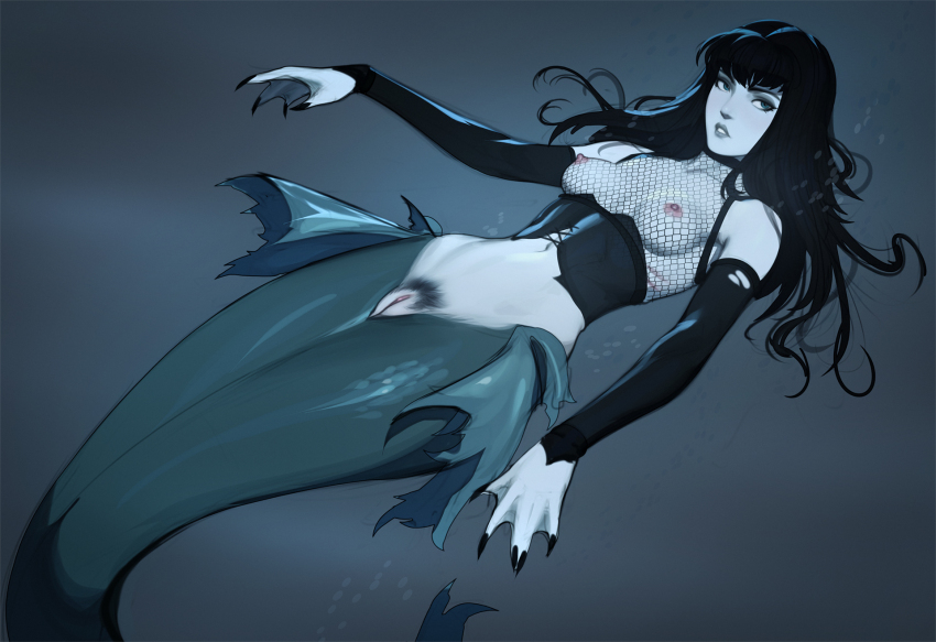 1girl bare_shoulders black_hair black_nails black_pubic_hair blue_eyes breasts collarbone commentary corset detached_sleeves english_commentary female_pubic_hair fingernails fishnet_top fishnets goth_fashion grey_lips hair_spread_out highres long_fingernails long_hair long_sleeves looking_at_viewer medium_breasts mermaid monster_girl navel nipples original parted_lips pubic_hair pussy sharp_fingernails solo tarakanovich uncensored webbed_hands