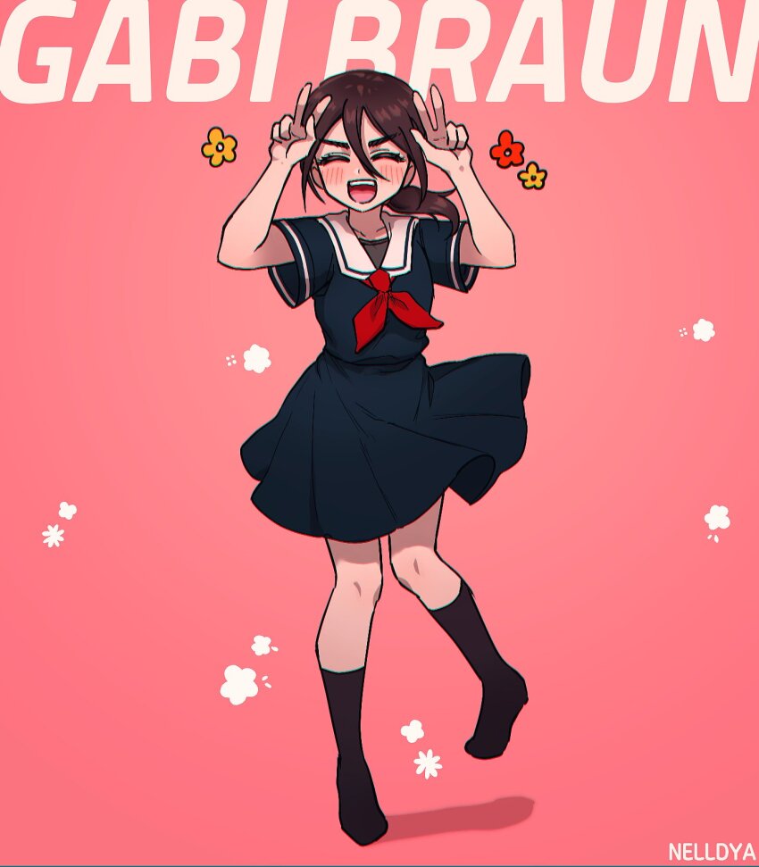 1girl artist_name black_serafuku black_skirt black_socks brown_hair character_name chromatic_aberration closed_eyes commentary contemporary double_w full_body gabi_braun highres kneehighs medium_skirt mina_(als_dk) necktie no_shoes open_mouth ponytail red_necktie sailor_collar school_uniform serafuku shingeki_no_kyojin skirt smile socks solo w white_sailor_collar