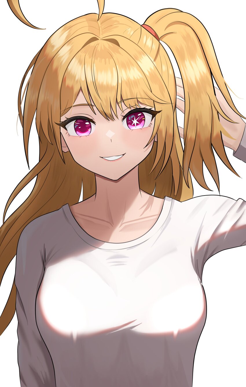 1girl absurdres blush breasts highres hoshino_ruby looking_at_viewer open_mouth oshi_no_ko self-upload shirt side_ponytail smile solo t-shirt white_background yissou_art