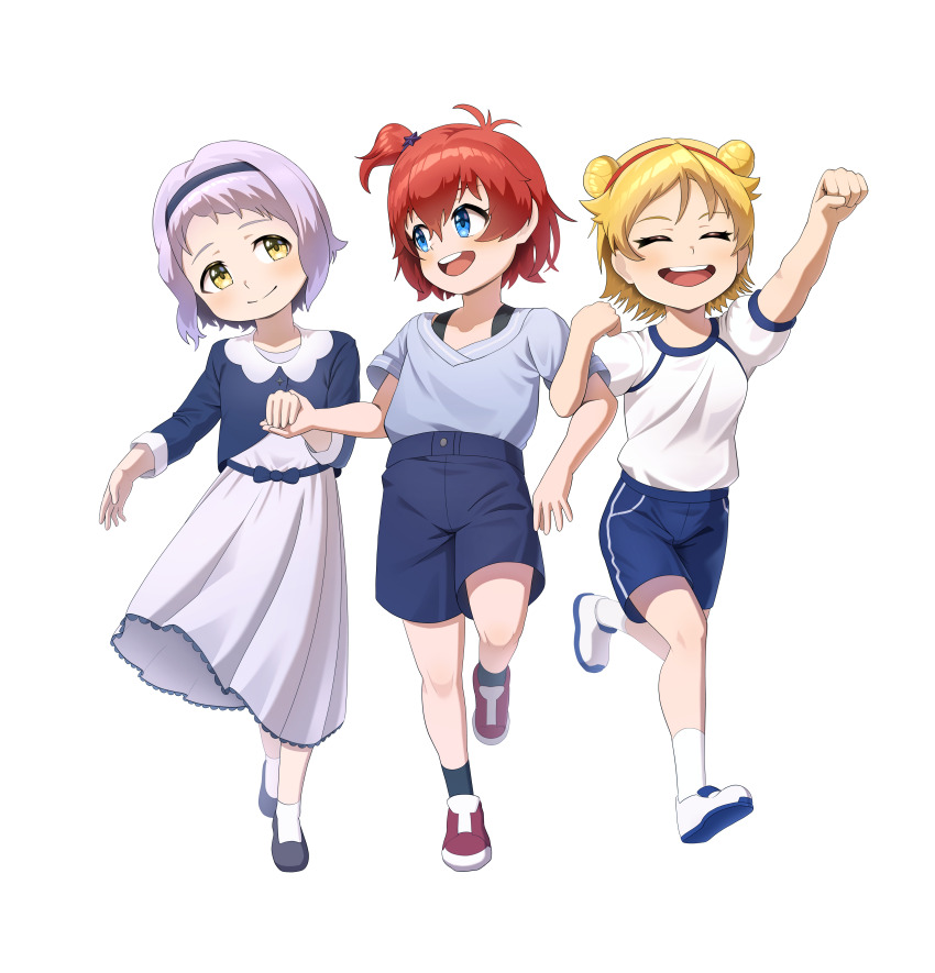 3girls absurdres aged_down aisle_(idolmaster) arm_up black_hairband black_socks blonde_hair blue_eyes blue_shorts closed_eyes closed_mouth double_bun dress full_body hair_bun hairband highres holding_hands ibuki_tsubasa idolmaster idolmaster_million_live! idolmaster_million_live!_theater_days jonero99 julia_(idolmaster) locked_arms looking_at_another makabe_mizuki multiple_girls official_alternate_hairstyle one_side_up open_mouth purple_hair red_hair red_hairband running shirt shoes short_hair short_sleeves shorts simple_background smile socks standing teeth upper_teeth_only white_background white_shirt white_socks yellow_eyes