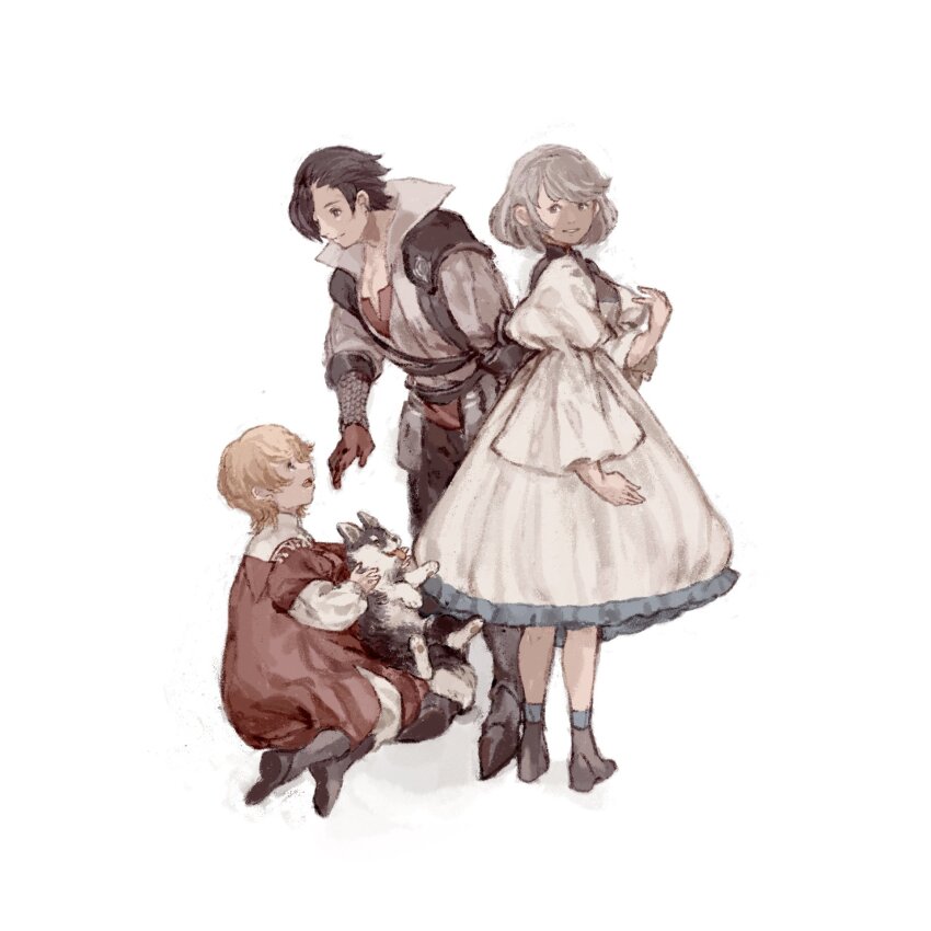 1girl 2boys baby_animal black_hair blonde_hair bob_cut brothers c3ure child clive_rosfield coat collared_shirt dog dress final_fantasy final_fantasy_xvi full_body grey_hair hair_between_eyes highres jill_warrick joshua_rosfield long_sleeves multiple_boys parted_lips popped_collar puffy_long_sleeves puffy_sleeves puppy red_coat shirt short_hair siblings smile torgal_(ff16) white_background white_dress white_shirt