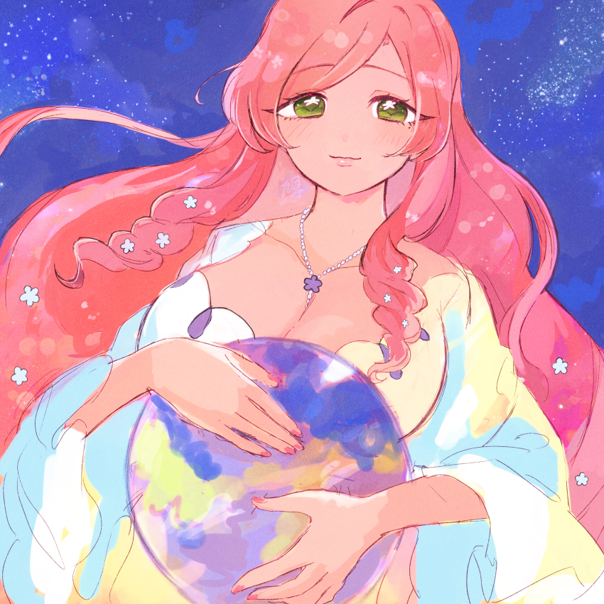 1girl absurdres breasts cleavage commentary_request dress earth_(planet) female_focus flower flower_in_eye flower_necklace green_eyes hair_flower hair_ornament hanazono_hahari highres hugging_object jewelry kimi_no_koto_ga_dai_dai_dai_dai_daisuki_na_100-nin_no_kanojo large_breasts light_blush light_smile long_hair looking_at_viewer mature_female necklace oyomidtarumi pink_hair pink_nails planet smile solo space star_(sky) symbol_in_eye upper_body white_dress