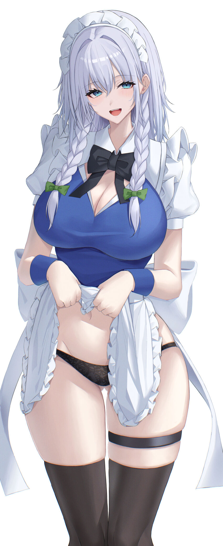 1girl 7saki absurdres apron apron_lift black_bow black_bowtie black_panties black_thighhighs blue_shirt blush bow bowtie braided_sidelocks breasts cleavage clothes_lift commentary_request frilled_apron frills gluteal_fold green_bow grey_eyes grey_hair hair_between_eyes hair_bow hair_intakes highres izayoi_sakuya large_breasts long_hair looking_at_viewer maid_apron maid_headdress navel no_pants open_mouth panties puffy_short_sleeves puffy_sleeves shirt short_sleeves simple_background skindentation smile solo standing thigh_strap thighhighs thighs touhou underwear waist_apron white_apron white_background white_headdress