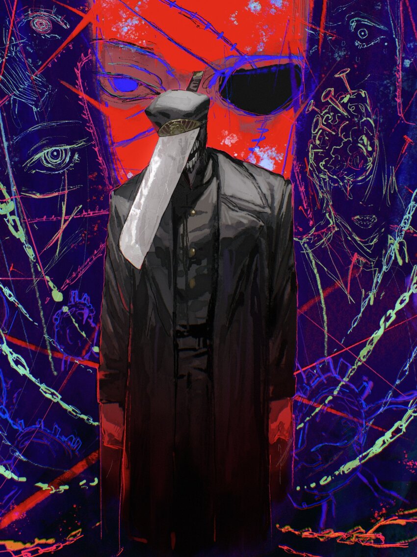 1girl 2boys black_coat black_pants black_shirt blue_background chainsaw_man coat cowboy_shot exposed_brain hat highres katana katana_man_(chainsaw_man) kota_2kx long_sleeves military_hat multiple_boys nail_(hardware) nail_fiend_(chainsaw_man) pants red_background shirt standing sword trench_coat two-tone_background weapon zombie_devil_(chainsaw_man)
