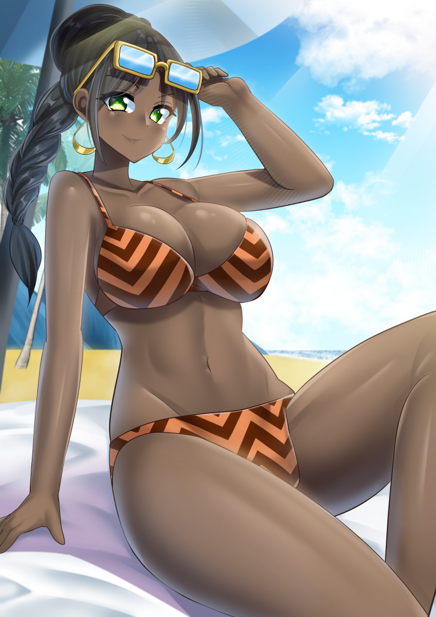 absurdres beach beach_towel beach_umbrella bikini black_hair blue_sky blush braid breasts code_geass commission dark-skinned_female dark_skin dorothea_ernst earrings eyewear_on_head unworn_eyewear glasses green_eyes highres holding holding_removed_eyewear jewelry katou_shinobu large_breasts navel on_ground pixiv_commission single_braid sitting sky smile solo sunlight swimsuit towel umbrella