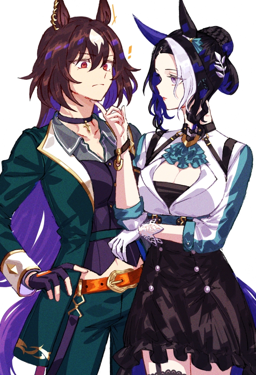 2girls animal_ears aqua_ascot back_bow belt black_choker black_dress black_hair black_thighhighs blush bow breasts brown_belt brown_hair choker cleavage closed_mouth collarbone commentary_request cowboy_shot dress ear_ornament frilled_dress frills garter_straps gloves green_jacket green_pants grey_shirt hair_between_eyes hair_bun hand_on_own_hip highres horse_ears horse_girl horse_tail jacket jagaimobeniko long_hair long_sleeves looking_at_viewer medium_breasts medium_hair mejiro_ramonu_(umamusume) midriff_peek mole mole_under_eye multicolored_hair multiple_girls navel pants pendant_choker red_eyes shirt simple_background single_garter_strap single_glove single_thighhigh sirius_symboli_(umamusume) smile streaked_hair tail thighhighs two-tone_hair umamusume very_long_hair white_background white_gloves white_hair white_jacket
