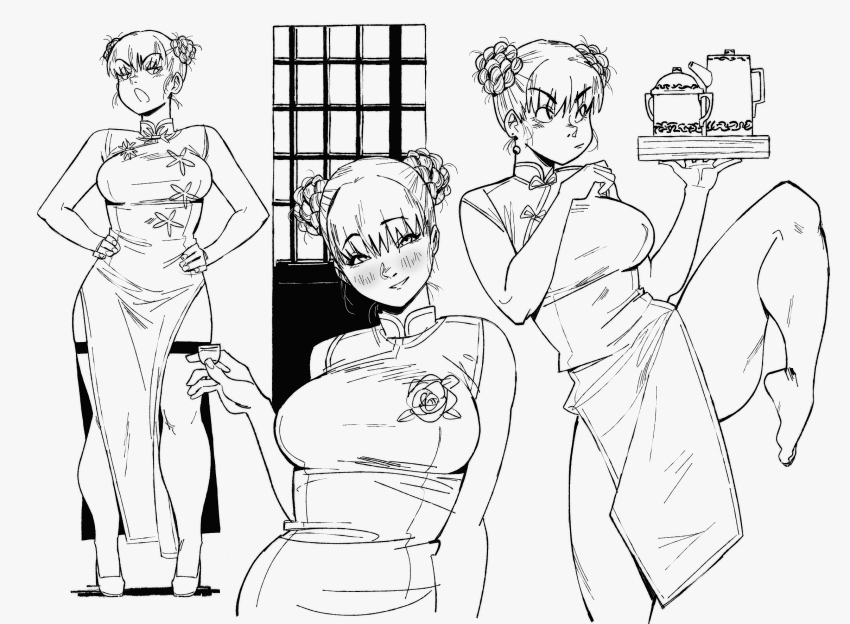 1girl angry blush breasts chinese_clothes cup door double_bun floral_print full_body greyscale gutalalaman hair_bun hands_on_own_hips highres holding holding_cup leg_up looking_at_viewer monochrome original short_hair side_slit tea thighhighs