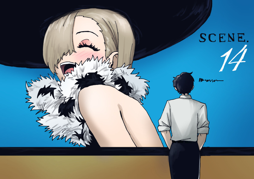 1boy 1girl absurdres asuna_(blue_archive) bare_back bare_shoulders black_hair black_hat black_pants blonde_hair blue_archive blush closed_eyes coat fur_coat hair_over_one_eye hat highres kai_xin long_hair nude open_mouth pants sensei_(blue_archive) sensei_(blue_archive_the_animation) shirt short_hair sleeves_rolled_up smile sun_hat very_long_hair white_shirt