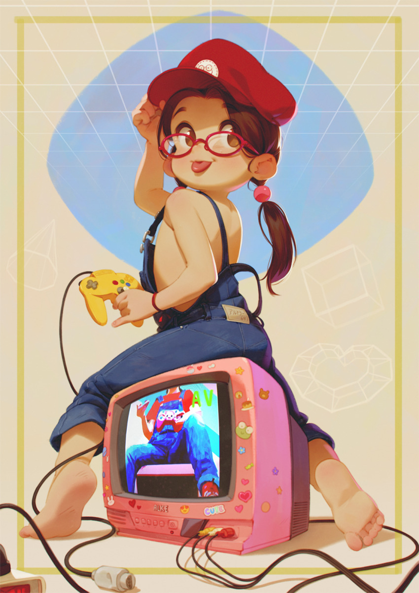 1girl adjusting_clothes adjusting_headwear alkemanubis arm_up ass barefoot blue_overalls border brown_eyes brown_hair cable controller crt feet flat_chest forehead from_behind full_body game_controller gamepad glasses grid hat highres holding holding_controller holding_game_controller loli looking_at_viewer looking_back low_twintails medium_hair naked_overalls newsboy_cap nintendo_64_controller original overalls red-framed_eyewear red_hat short_hair sitting sitting_on_object smile soles solo strap_slip television tongue tongue_out twintails