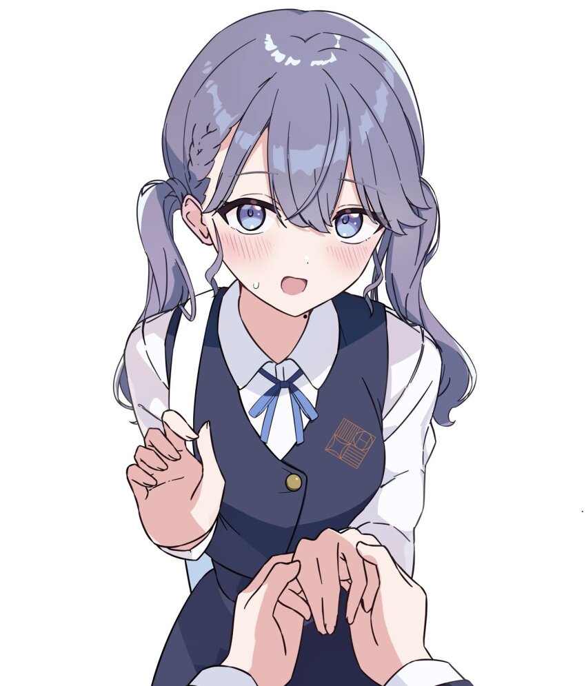 1boy 1girl aged_down blue_ribbon blue_skirt blue_vest blush braid commentary_request gakuen_idolmaster hatsuboshi_gakuen_school_uniform hetero highres holding_hands idolmaster kaya_rinha looking_at_viewer neck_ribbon nyorotono_(amafurashi) pov pov_hands purple_hair ribbon school_uniform shirt simple_background skirt skirt_set sweatdrop twintails vest white_background white_shirt