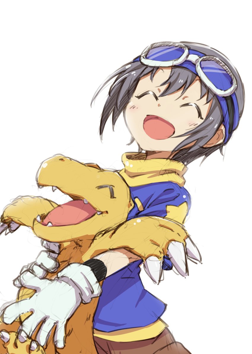 1girl ^_^ absurdres agumon blush claws closed_eyes commentary_request cosplay crossover digimon digimon_(creature) digimon_adventure eyewear_on_head gloves goggles goggles_on_head grey_hair highres holding holding_digimon idolmaster idolmaster_cinderella_girls idolmaster_cinderella_girls_starlight_stage koumei_(akita_komachi) open_mouth otokura_yuuki shirt short_hair shorts simple_background sketch smile t-shirt upper_body white_background white_gloves yagami_taichi yagami_taichi_(cosplay)