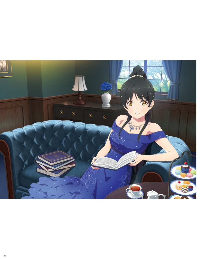 1girl artbook bare_shoulders black_hair blue_dress book breasts cake couch cup curtains dress earrings flower food hazuki_ren high_ponytail highres holding indoors jewelry lamp long_hair looking_at_viewer love_live! love_live!_superstar!! macaron necklace non-web_source off-shoulder_dress off_shoulder official_art parted_lips ponytail sitting smile solo table teacup teapot tiered_tray window yellow_eyes