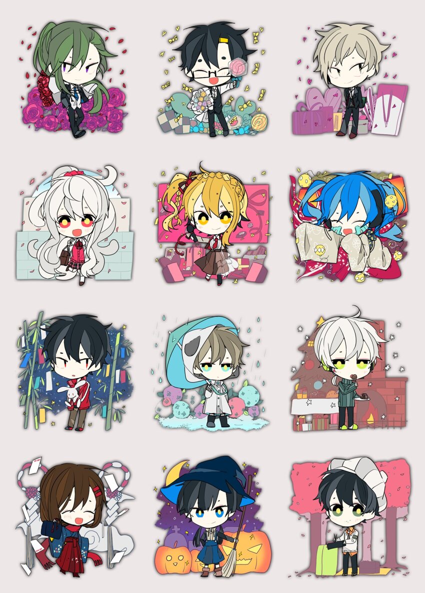 6+boys 6+girls absurdly_long_hair alternate_costume alternate_eye_color amamiya_hibiya aqua_flower aqua_umbrella asahina_hiyori bag bamboo beret bespectacled black-framed_eyewear black_eyes black_footwear black_hair black_jacket black_pants black_skirt black_suit black_vest blue_eyes blue_hair blue_hat blue_kimono blue_necktie blue_skirt bolo_tie bouquet bow box braid brick_wall bright_pupils broom brown_bag brown_bow brown_footwear brown_hair brown_skirt candy cardigan checkerboard_cookie chibi chicken_(food) christmas_tree closed_eyes closed_mouth coat collared_shirt commentary_request confetti cookie crescent_moon cross cup drink drinking_glass ene_(kagerou_project) facial_mark facing_viewer fire fireplace floating floating_object flower food fork formal_clothes full_body gift gift_box glasses green_eyes green_hair grey_eyes grey_hair grey_hat grey_kimono grey_pants grey_sweater hair_bow hair_ornament hair_scrunchie hairclip hakama hakama_skirt hat headphones heart-shaped_box highres holding holding_bag holding_behind_back holding_bouquet holding_broom holding_candy holding_food holding_fork holding_lollipop holding_microphone holding_plate holding_stuffed_toy holding_umbrella hood hood_up hooded_coat hydrangea jack-o&#039;-lantern jacket japanese_clothes juice kagerou_project kano_shuuya kido_tsubomi kimono kisaragi_momo kisaragi_shintarou kokonose_haruka konoha_(kagerou_project) korean_commentary kozakura_marry lantern lollipop long_hair long_skirt long_sleeves looking_at_viewer looking_to_the_side low_twintails mat microphone midair moon multicolored_bow multicolored_eyes multiple_boys multiple_girls necktie nyakuru_(kanachiaki) one_side_up open_mouth orange_eyes orange_hair orange_shirt pants papers petals pink_cardigan pink_flower pink_scrunchie plate pleated_skirt pocky ponytail purple_eyes purple_flower rectangular_eyewear red_bow red_eyes red_flower red_hakama red_jacket red_necktie red_rose rose school_bag school_uniform scrunchie semi-rimless_eyewear seto_kousuke shirt shoes short_hair short_ponytail skirt smile standing standing_on_one_leg star_(symbol) stuffed_animal stuffed_rabbit stuffed_toy suit suit_jacket suspender_skirt suspenders sweater swirl_lollipop table tateyama_ayano tombstone tree twintails two-tone_eyes two-tone_hat umbrella under-rim_eyewear untucked_shirt very_long_hair vest waistcoat wavy_hair white_background white_coat white_hair white_hat white_shirt white_sweater wide_sleeves witch_hat