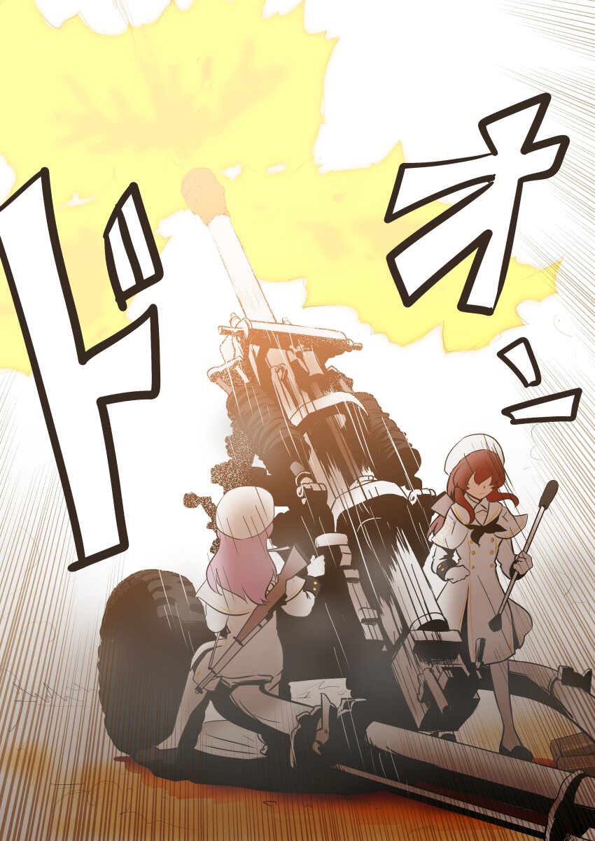 2girls absurdres artillery beret black_neckerchief blue_archive brown_hair buttons capelet double-breasted dress emphasis_lines firing floating_hair gloves gun hariyaa hat highres kneeling long_hair long_sleeves multiple_girls neckerchief no_halo pantyhose pink_hair rifle sailor_collar school_uniform sitting standing tea_party_militant_(blue_archive) unused_tire weapon white_capelet white_dress white_gloves white_pantyhose white_sailor_collar