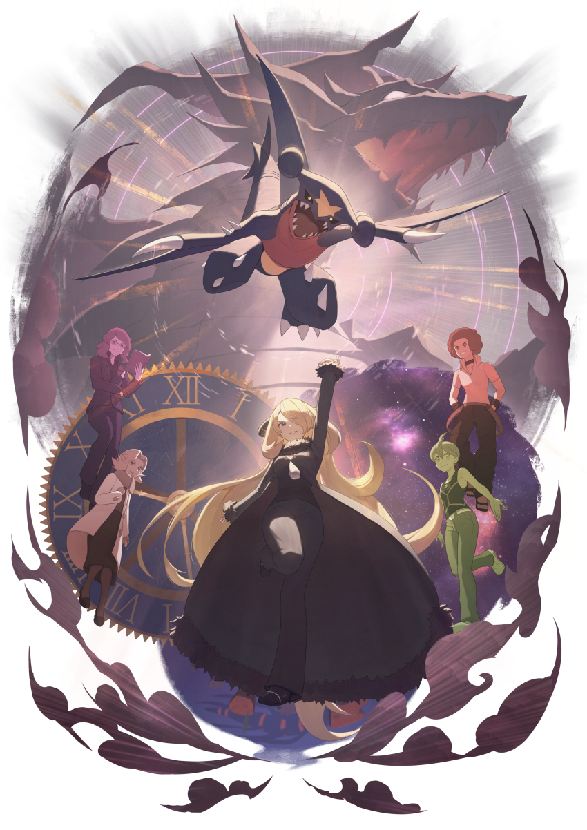 2girls 3boys aaron_(pokemon) absurdres afro arm_up bertha_(pokemon) black_choker black_coat black_pants black_skirt black_tank_top blonde_hair book choker coat cynthia_(pokemon) flint_(pokemon) formal_clothes full_body fur-trimmed_coat fur_trim garchomp gen_4_pokemon glasses green_hair hair_ornament highres holding holding_book long_hair looking_at_viewer lucian_(pokemon) multiple_boys multiple_girls nintendo odd_(hin_yari) old old_woman pants pokemon pokemon_(creature) pokemon_dppt purple_hair purple_suit red_hair sandals scarf skirt suit tank_top white_coat