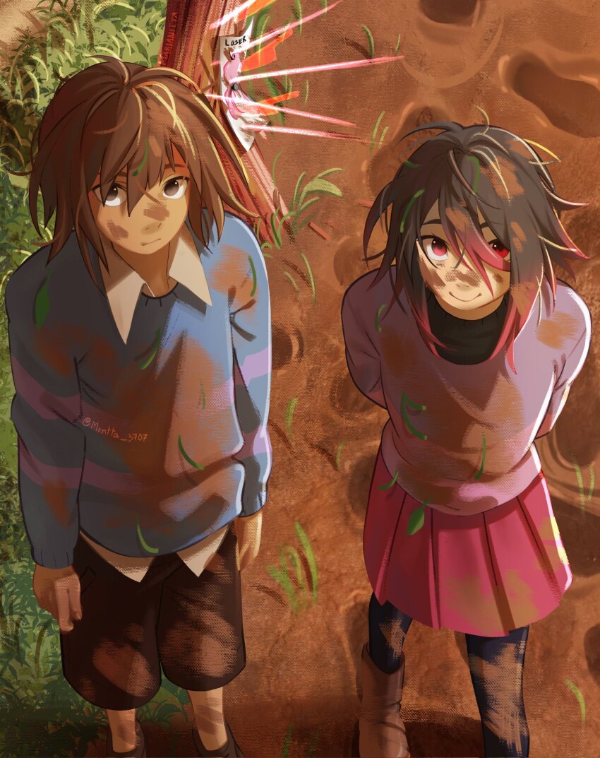 bete_noire blue_shirt boots brown_hair brown_pants clothes frisk_(undertale) glitchtale grass grey_eyes highres knife mud pants pink_eyes pink_hair pink_shirt purple_shirt red_skirt shirt short_hair skirt tree undertale